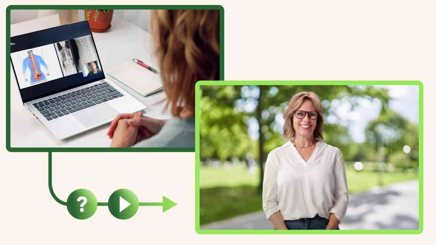 Betrachter schaut Gesundheitsvideo auf einem Laptop und lächelt mit gesunder Ausstrahlung nach beantworteten medizinischen Fragen.